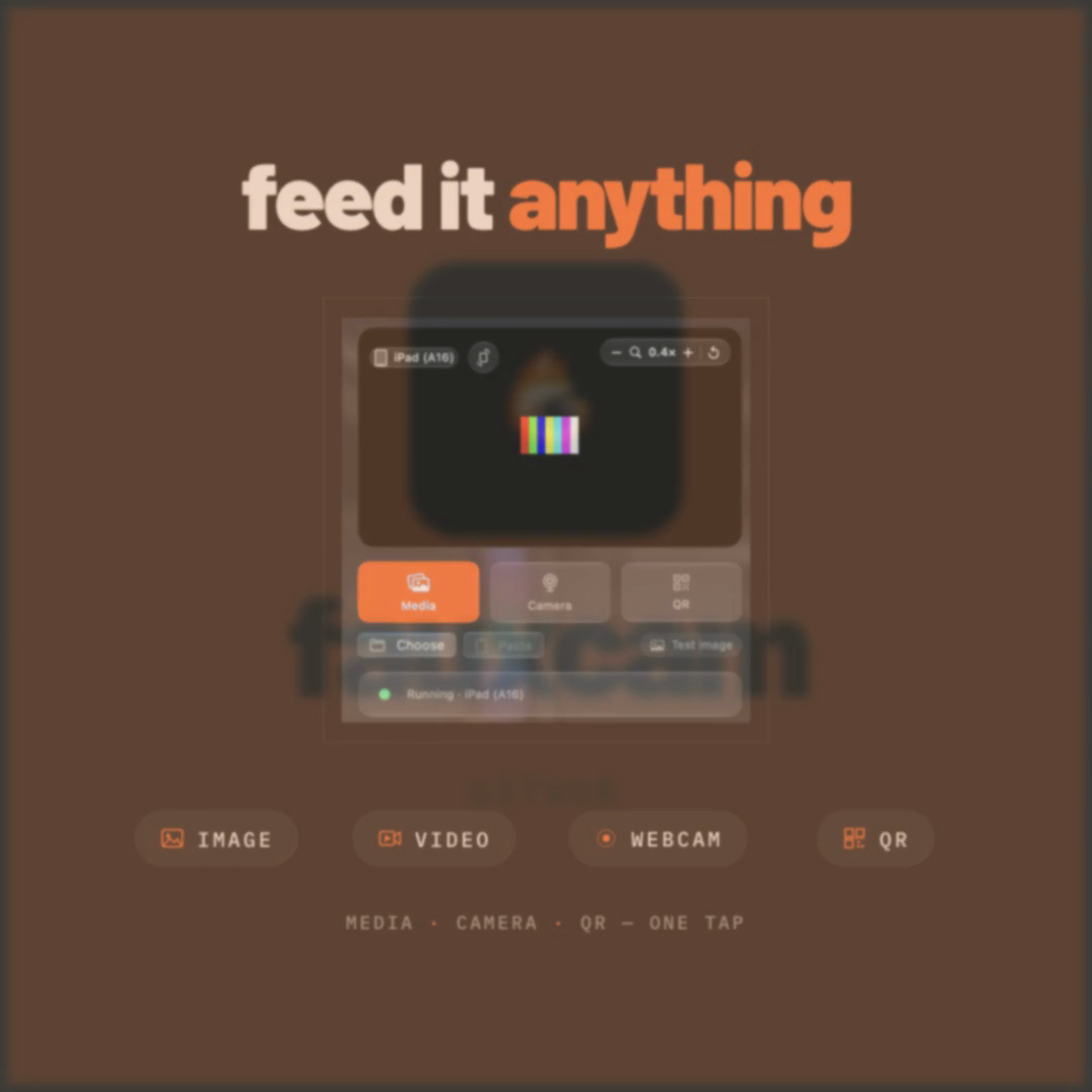 The FauxCam menu-bar app showing its viewfinder panel mirroring a simulator