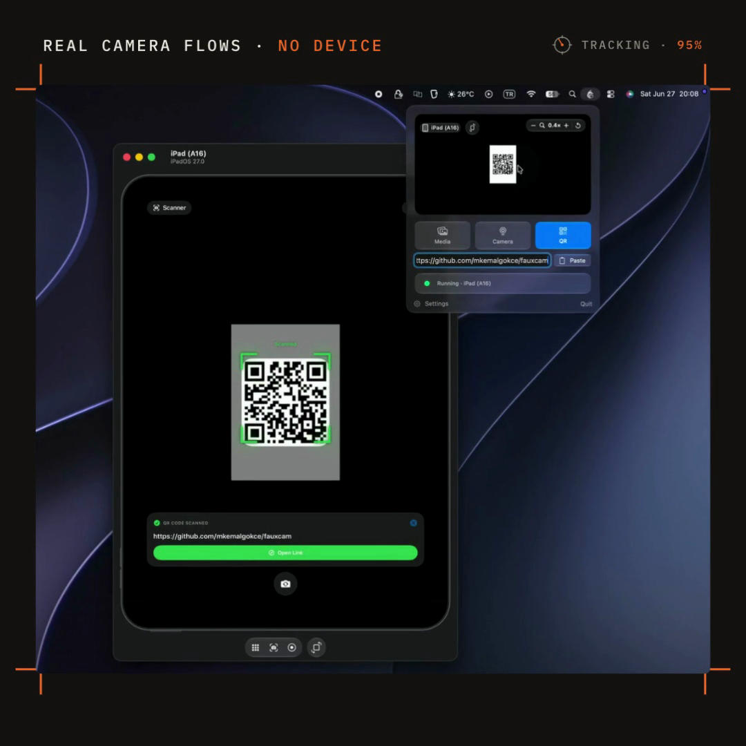 FauxCam viewfinder mirroring a QR code into an iPad simulator scanning it