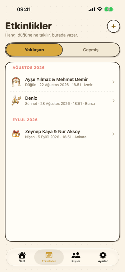 Takı Defteri etkinlik listesi: düğün ve nişan kayıtları