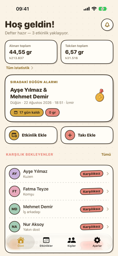 Takı Defteri özet ekranı: toplam gram ve yaklaşan etkinlik