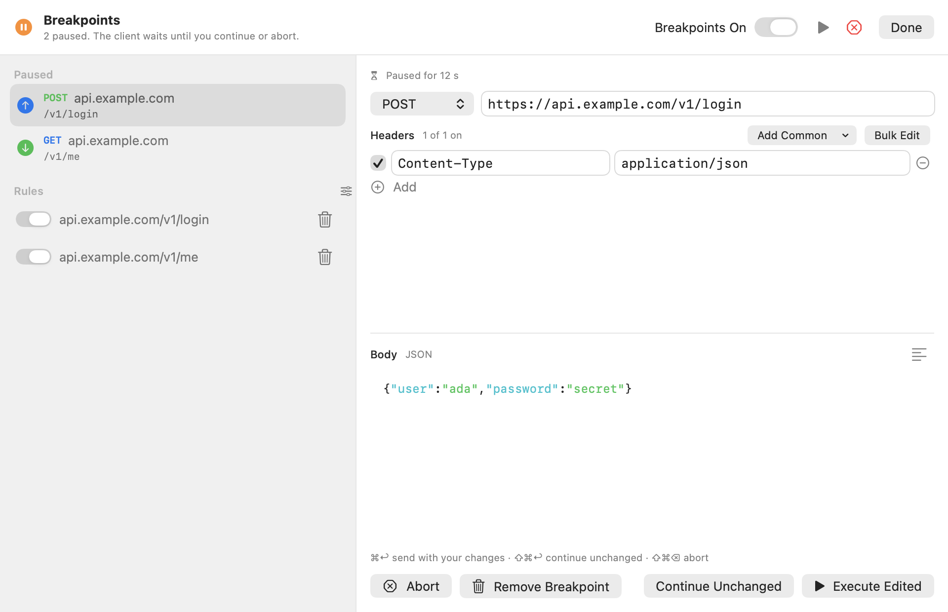 A login request paused at a breakpoint, ready to edit