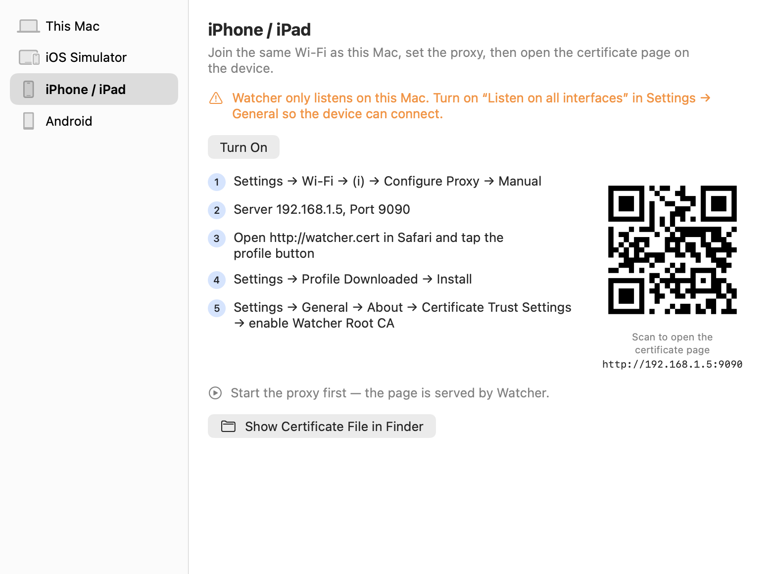 Setting up an iPhone to send its traffic through Watcher