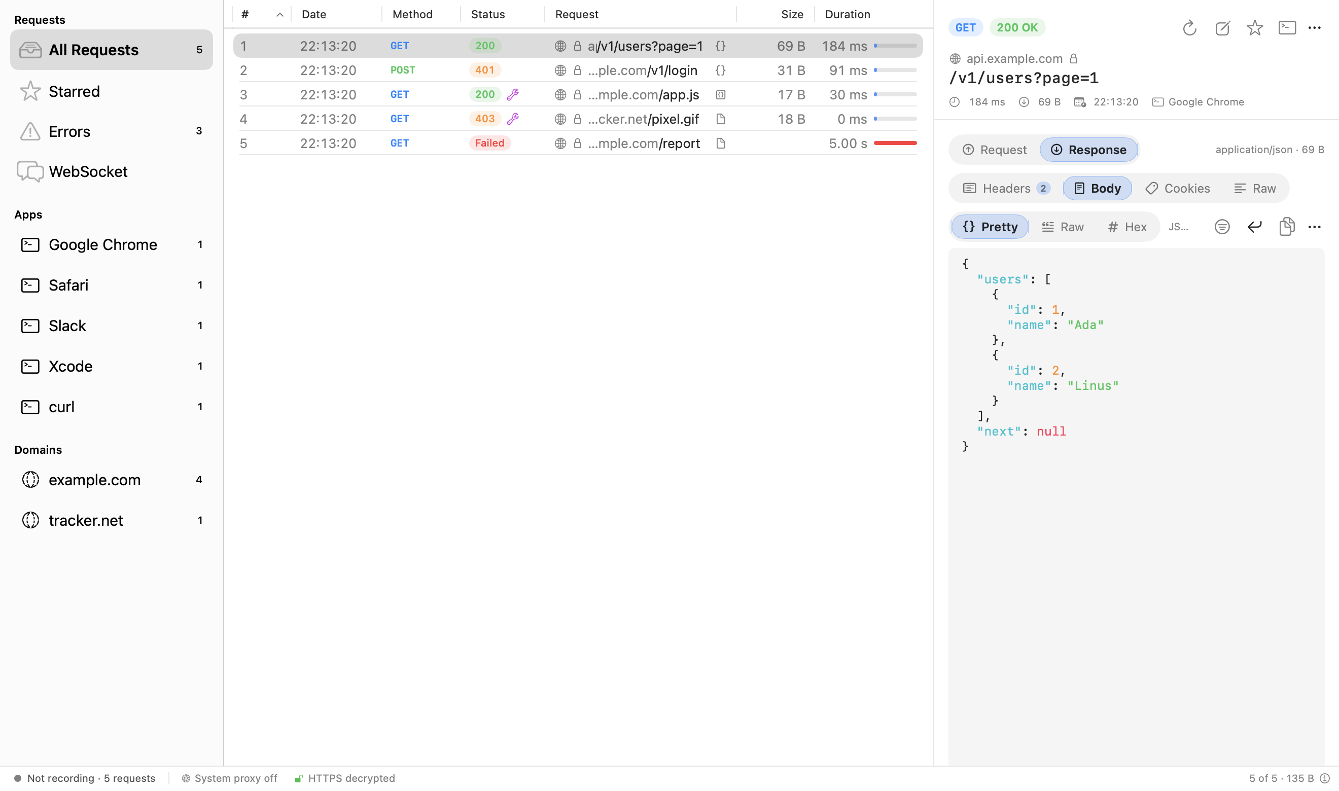 Watcher's main window with captured requests and a JSON response